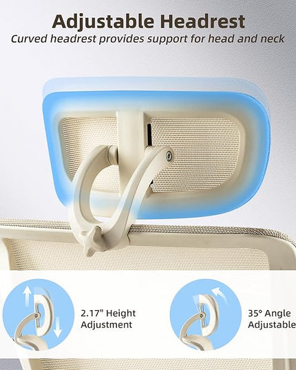 Foldable Office Chair with Foot Rest, Ergonomic Office Chair with Adjustable Lumbar Support, Headrest, Armrest, Home Office Desk Chair for Space Saving, Work from Home, Cream