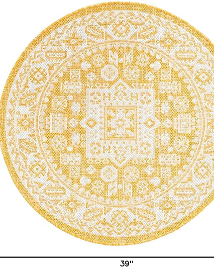 Rugs.com Outdoor Aztec Collection Rug – 3 Ft Round Yellow Flatweave Rug Perfect for Kitchens, Dining Rooms