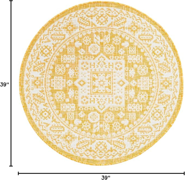 Rugs.com Outdoor Aztec Collection Rug – 3 Ft Round Yellow Flatweave Rug Perfect for Kitchens, Dining Rooms