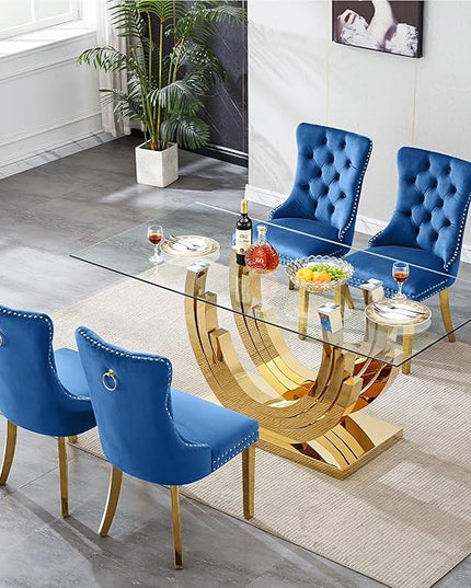 Henf 5-Piece Glass Dining Table Set with 4 Upholstered Dining Chairs,Large Glass Dining Room Table Set for 4, Modern Kitchen Table Furniture for Dining Room, Gold Dining Table and Chair Set for 4