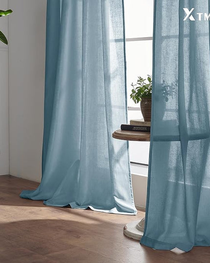 XTMYI Dusty Blue Curtains 84 Inches Long for Living Room,Light Filtering Country Vintage Hooks Pleated Back Tab Semi Sheer Linen Curtains for Bedroom 2 Panels Set,Grey Stone Blue