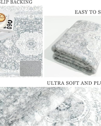 Small Rugs 2x3,Grey Rug for Entryway Bathroom Bedroom Kitchen Entrance Doormat,Boho Vintage Bohemian Distressed Washable Accent Floor Throw Carpet Non Slip,Floral
