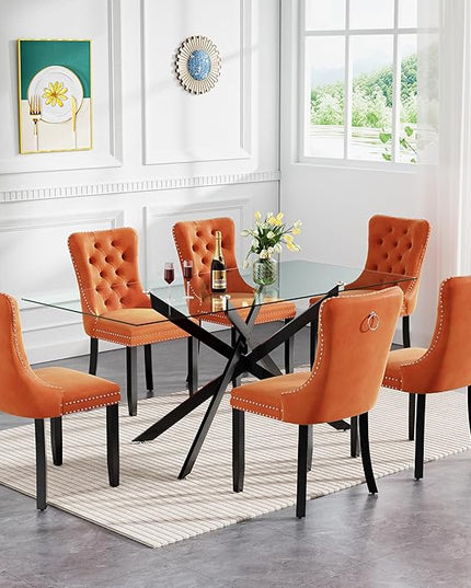 HomVent 7 Piece Rectangular Glass Dining Table Set, Tempered Glass Dinner Table Set for 6 Kitchen Table Set with 6 Velvet Upholstered Chairs for Kitchen Dining Room