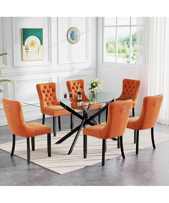 HomVent 7 Piece Rectangular Glass Dining Table Set, Tempered Glass Dinner Table Set for 6 Kitchen Table Set with 6 Velvet Upholstered Chairs for Kitchen Dining Room