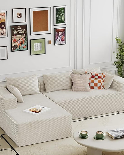 ALISH 111 Inch L-Shaped Cloud Sectional Sofa Couch, Compression Couch with Chaise, Modular Deep Seat Boneless Design for Easy Setup, Plush Upholstered Living Room Bedroom Apartment Furniture, Beige