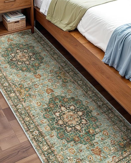 Washable Oriental Hallway Runner Rug - 3x8 Rugs for Living Room Soft Carpet for Bedroom Kitchen Waterproof Floral Distressed Indoor Stain Resistant Non-Shedding Floor Carpets (Green, 3X8)