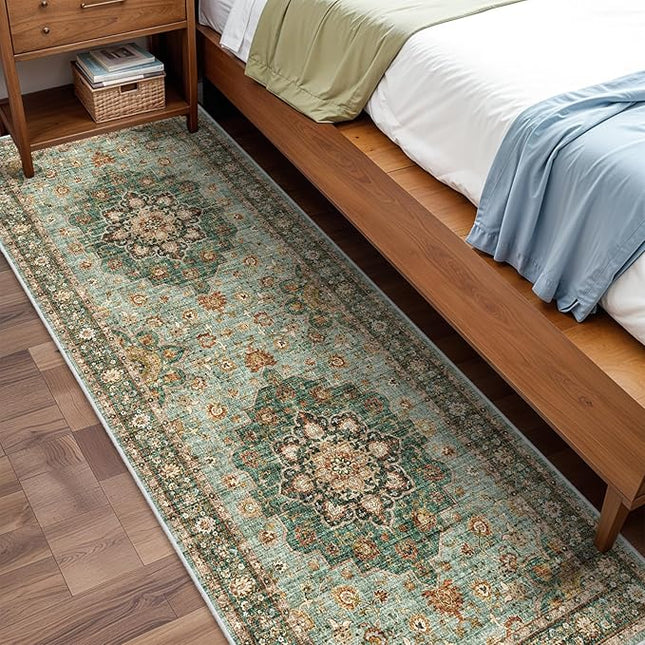 Washable Oriental Hallway Runner Rug - 3x8 Rugs for Living Room Soft Carpet for Bedroom Kitchen Waterproof Floral Distressed Indoor Stain Resistant Non-Shedding Floor Carpets (Green, 3X8)