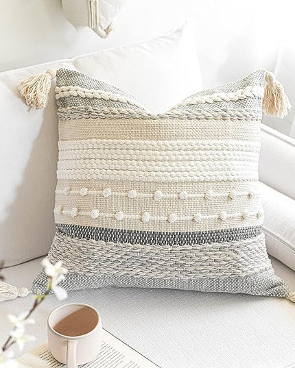BlissBlush Gray Boho Throw Pillow Cover 22x22, Grey Decorative Accent Pillow for Couch, Square Woven Textured Pillowcase, Modern Farmhouse Pillow for Bed, Bohemian Pillow Cover (Pack of 1)