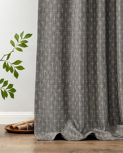 MIULEE Decorative Back Tab Linen Curtains with Geometric Pattern for Living Room Bedroom Farmhouse Rustic Thick Woven Textured Patterned Floor to Ceiling Drapes 102 Inch Long 2 Panels, Dark Grey
