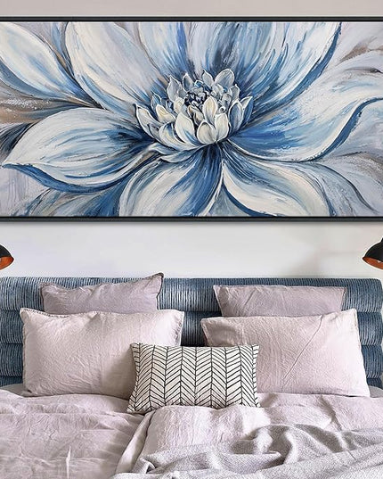 Pogusmavi Blue Floral Wall Art for Living Room - Large Textured Flower Pictures for Bedroom - Canvas Paintings, Extra Large Blue and White Wall Decor Dining Room Artwork for Walls 29×58IN