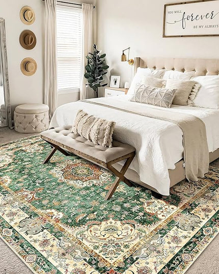 5'x7' Area Rugs Washable,Green Rug for Living Room Bedroom,Large Boho Vintage Bohemian Distressed Oriental Carpet Non Slip,Retro Sage Floral