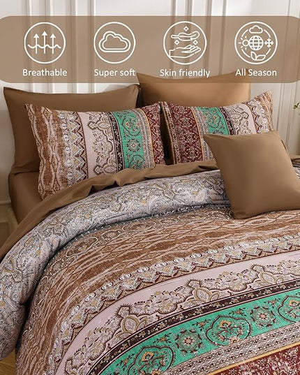 Cottolester Boho Queen Comforter Set 8 Pieces, Brown Bohemian Striped Bed in a Bag, Paisley Soft Microfiber Bedding Comforter Set