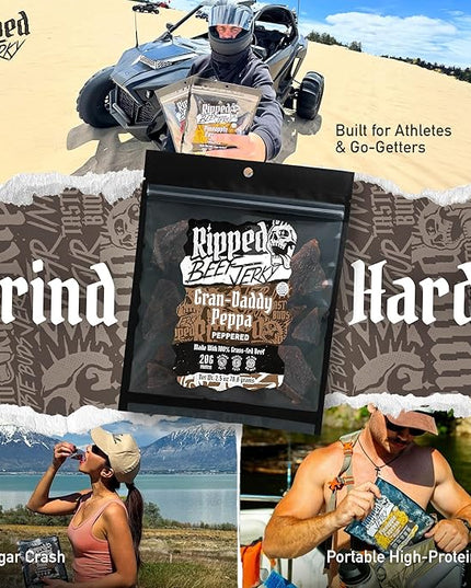 Ripped Beef Jerky - 100% Grass Fed Beef, 20g Protein, Real Ingredients, Gluten Free, No MSG, Made in USA (Pack of 12, Peppered)