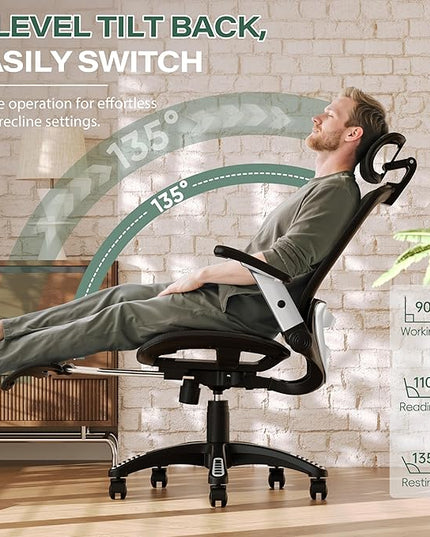 GABRYLLY Ergonomic Office Chair with Footrest, High Back Home Desk Chair - 3D Headrest, Flip-Up Arms, 135° Tilt and Wide Cushion, Heavy Duty Mesh Chairs for Task Computer Gaming,GYB01-FT
