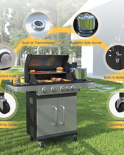 DIFY 4-Burner Propane Gas BBQ Grill with Side Burner and Porcelain-Enameled Cast Iron Grates, 46500 BTU Output Stainless Steel Grill for Outdoor Cooking Kitchen & Patio Backyard Barbecue, Silver