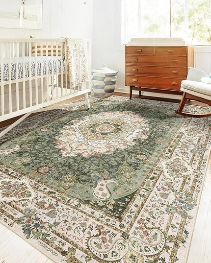 5x7 Area Rugs Washable,Green Rug for Living Room Bedroom Kitchen,Large Boho Vintage Bohemian Distressed Carpet Non Slip,Floral