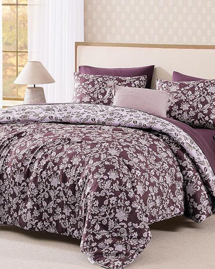 Full Comforter Set -7 Pieces Floral Dark Purple Comforter Set for All Seasons, Bed in a Bag Full with Botanical Flowers Comforter, Sheets, Pillowcases & Shams