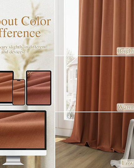 Guken Terracotta Linen Blackout Curtains 90 Inch Length 2 Panels Set Fall Curtains for Living Room Bedroom Back Tab Thermal Insulated 100% Black Out Linen Drapes, 52x90