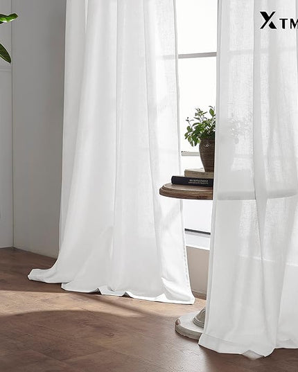 XTMYI 92 Inch Curtains Length 2 Panels Set,Back Tab Linen Sheer Window Curtains Living Room Bedroom,50x92 in Long,White