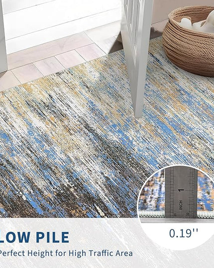 Washable Runner Rug 2x6 Modern Abstract Kitchen Rugs, Non Slip Bathroom Rug, Low Pile Laundry Room Soft Long Carpet for Hallway Bedroom Entryway, Blue/Brown