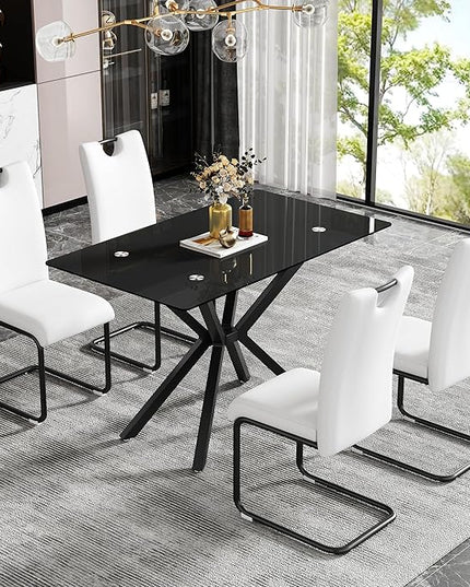 47.24" Rectangular Glass Dining Table Modern Kitchen Glass Top Table for 4 with Black Metal Legs, Clear Dining Table Kitchen Table for Home Office Dining Room