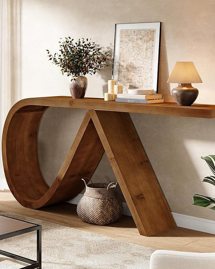 Solid Wood Console Table, 57" Curved Entryway Table, Narrpw Long Sofa Table Behind Couch, Farmhouse Accent Tables for Hallway, Entrance, Foyer, Living Room, Walnut Brown