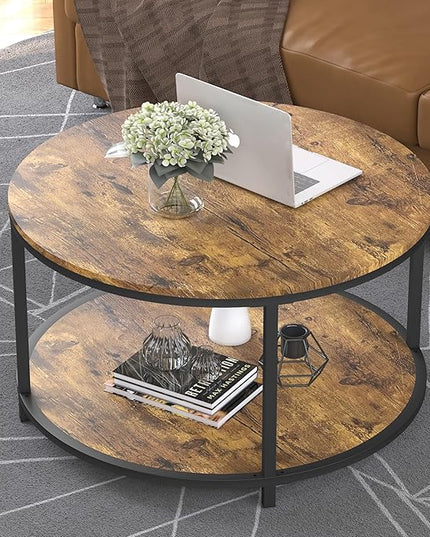 NSdirect Round Coffee Table, 25.6" Small Coffee Table for Living Room,2-Tier Rustic Wood Desktop with Storage Shelf Modern Design Home Furniture(Brown)