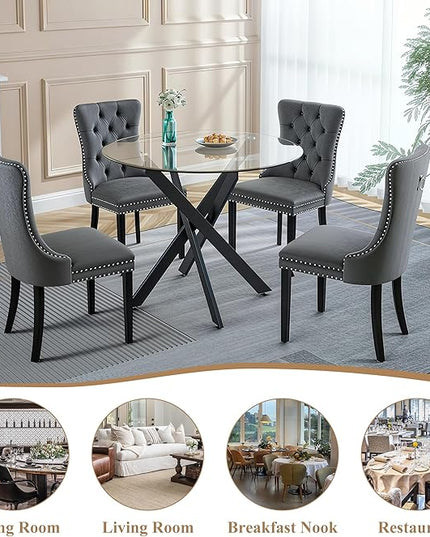 5 Piece Round Glass Dining Table Set for 4, Modern Dining Room Table and Chairs Set, Tempered Glass Top Kitchen Table with 4 Velvet Chairs, Space Saving Dining Set for Small Apartment or Home
