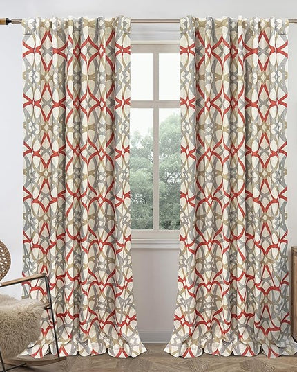 DriftAway Alexander Blackout Curtains for Living Room Linen Blend Pattern Match Thermal Insulated Room Darkening Geo Moroccan Mid Century Back Tab Bedroom Drapes 2 Panels 52 x 96 Inch Linen Red