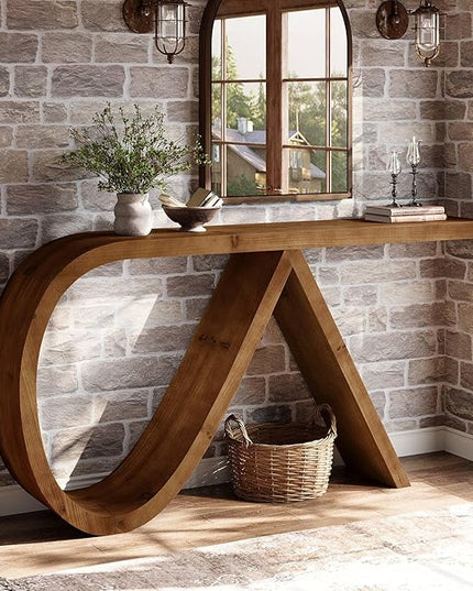 Solid Wood Console Table, 57" Curved Entryway Table, Narrpw Long Sofa Table Behind Couch, Farmhouse Accent Tables for Hallway, Entrance, Foyer, Living Room, Walnut Brown