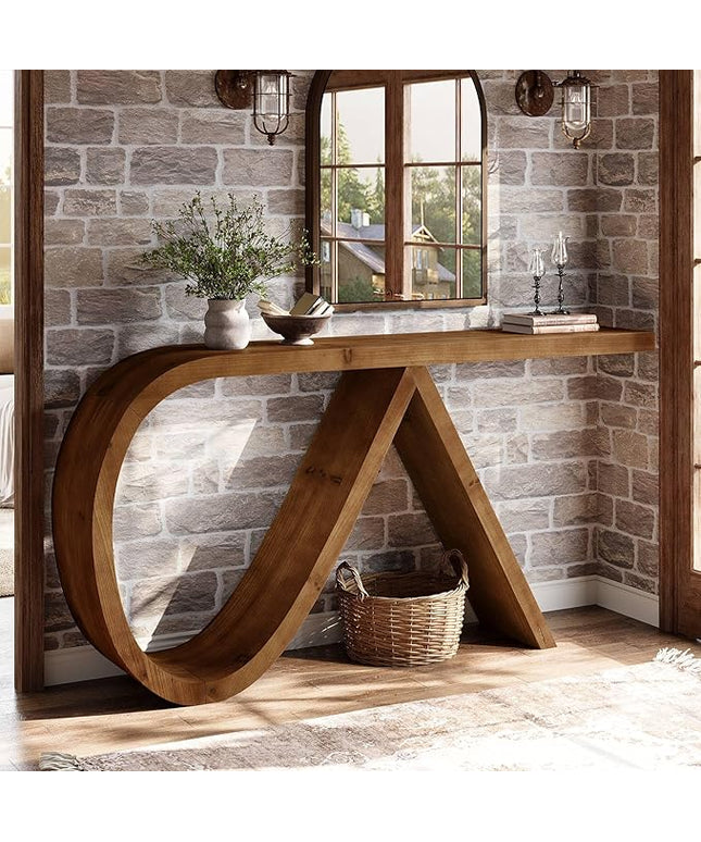 Solid Wood Console Table, 57" Curved Entryway Table, Narrpw Long Sofa Table Behind Couch, Farmhouse Accent Tables for Hallway, Entrance, Foyer, Living Room, Walnut Brown