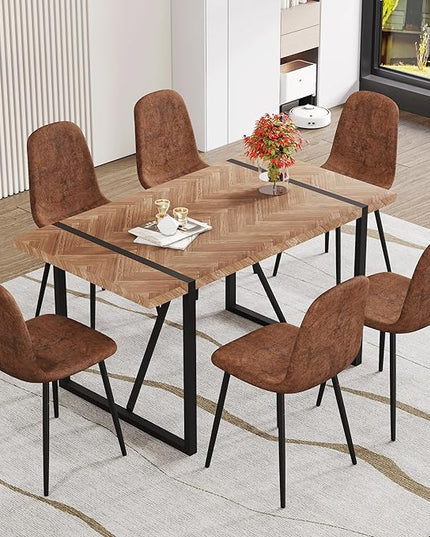 Dinner Table Set for 6, Modern 55'' Wood Dining Table with Fabric Dining Chairs Set of 6,Dining Room Sets for 6,Ideal for Dining Kitchen Room