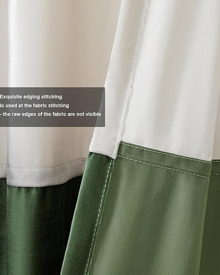 BULBUL Color Block Window Curtains Panels 90 inches Long Cream Ivory Green Velvet Farmhouse Drapes for Bedroom Living Room Darkening Treatment with Grommet Set of 2
