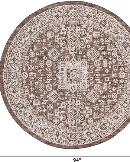 Rugs.com Outdoor Aztec Collection Rug – 8 Ft Round Brown Flatweave Rug Perfect for Kitchens, Dining Rooms