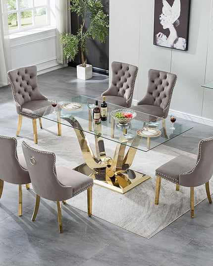 70" Modern Gold Glass Dining Table Set for 6, 7-Piece Rectangle Kitchen Dining Room Table Set with Steel Base & 6 Grey Velvet Upholstered Chairs, Modern Glass Kitchen Table and Chairs Set of 6
