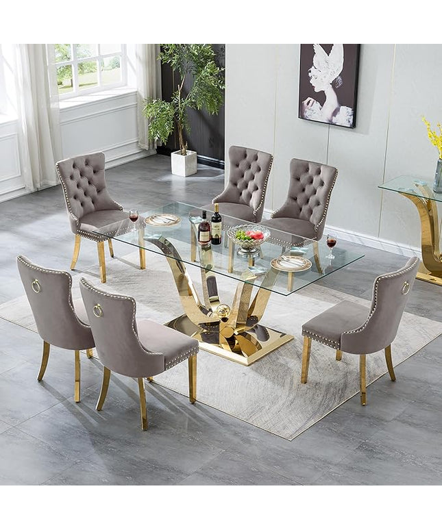 7-Piece Glass Dining Table Set w/6 Gray Upholstered Dining Chairs, 70in Rectangular Large Kitchen Table Set for 6, Glass and Gold Dining Table and Chair Set for 6