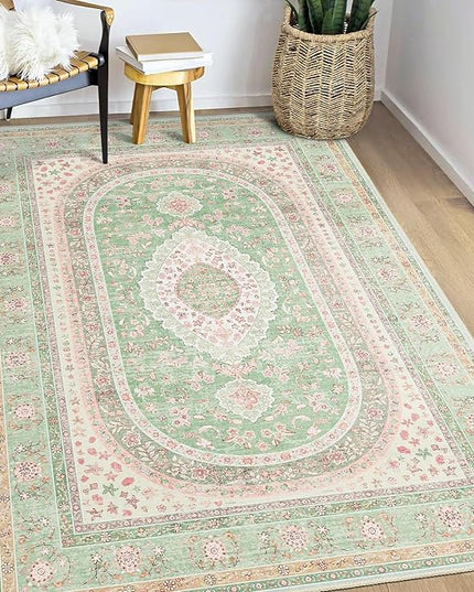 Green Rug 3x5,Washable Area Rugs for Bedroom Living Room Kitchen Entryway,Small Boho Vintage Bohemian Distressed Oriental Non Slip Carpet,Sage Blush Floral
