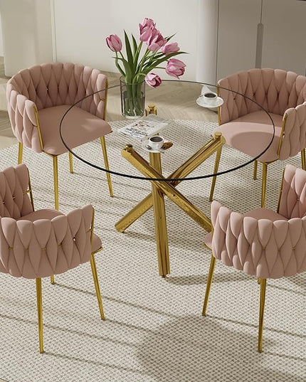 5 Piece Modern Golden Round Dining Set, 36'' Luxury Circular Kitchen Table Set, Clear Circle Glass Top Dinner Room Set for 4, Pink Woven Chairs, for Bedroom Small Apartment Living Room