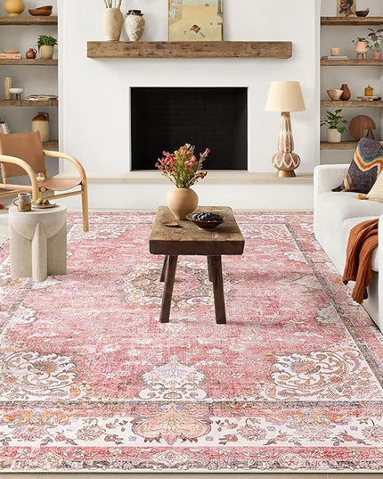 Pink Rug 6'x9' Area Rugs,Boho Washable Rug for Living Room Bedroom Dining Room,Large Vintage Bohemian Distressed Oriental Carpet Non Slip,Blush Floral Flowers