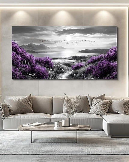 Canvas Wall Decor for Office Large Wall Art for Living Room Modern Bedroom Wall Decoration Purple Flowers Landscape Pictures Black and White Scenery Paintings Artwork Aesthetic Home Decor