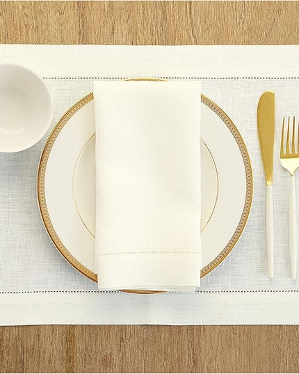 Solino Home Linen Placemats Set of 4 - Classic Hemstitch Ivory Placemats 14 x 19 Inch - 100% Pure Linen Table Mats for Christmas, Holiday, New Year