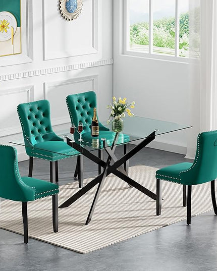 HomVent 5 Piece Rectangular Glass Dining Table Set, Tempered Glass Dinner Table Set for 4 Kitchen Table Set with 4 Velvet Upholstered Chairs for Kitchen Dining Room