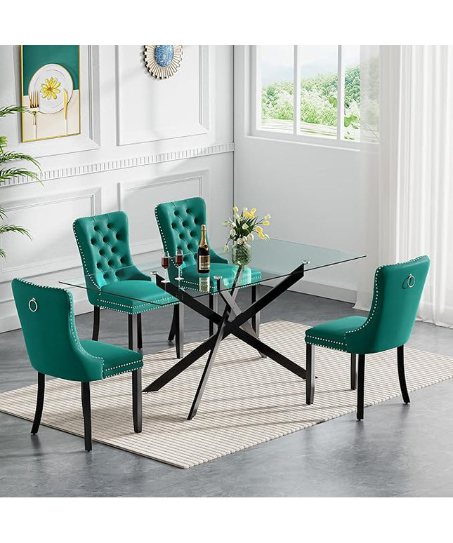 HomVent 5 Piece Rectangular Glass Dining Table Set, Tempered Glass Dinner Table Set for 4 Kitchen Table Set with 4 Velvet Upholstered Chairs for Kitchen Dining Room