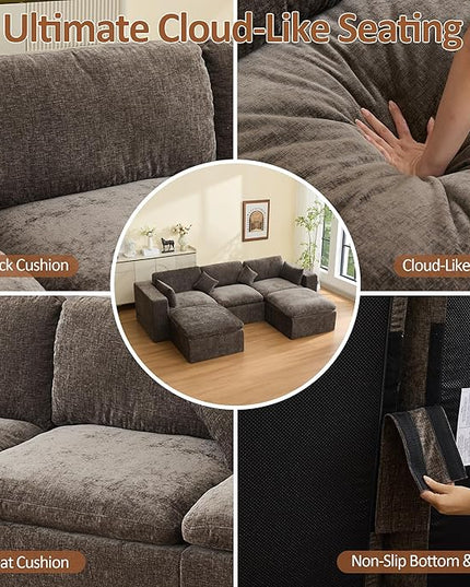 115'' Cloud Boneless Sectional Couch, Modular Sectional Sofa Deep Seat with 2 Ottomans, Oversized Upholstered Convertible Comfy 5 Seater Chenille Sofa U Shape Couches for Living Room, Brown
