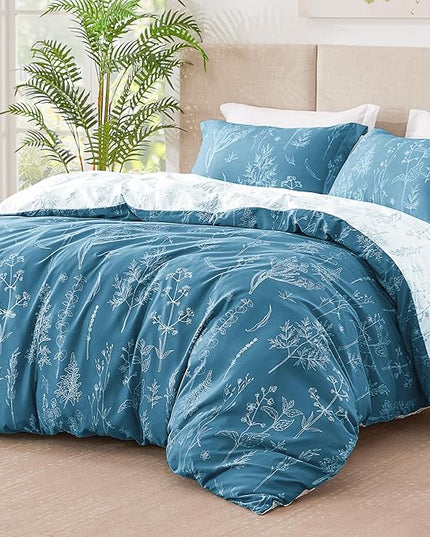 Love's cabin Mineral Blue Comforter Set Queen - Queen Size Comforter Set, 3 Pieces Cute Floral Bedding Sets for All Seasons,1 Soft Reversible Botanical Flowers Comforter and 2 Pillow Shams