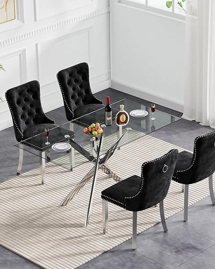 5 Piece Dining Table Set for 4, 51in Glass Dining Table Set with 4 Upholstered Dining Chairs, Black Tufted Chair & Dining Room Table Set w/Silver Metal Legs, Glass Kitchen Table and Chair Set for 4