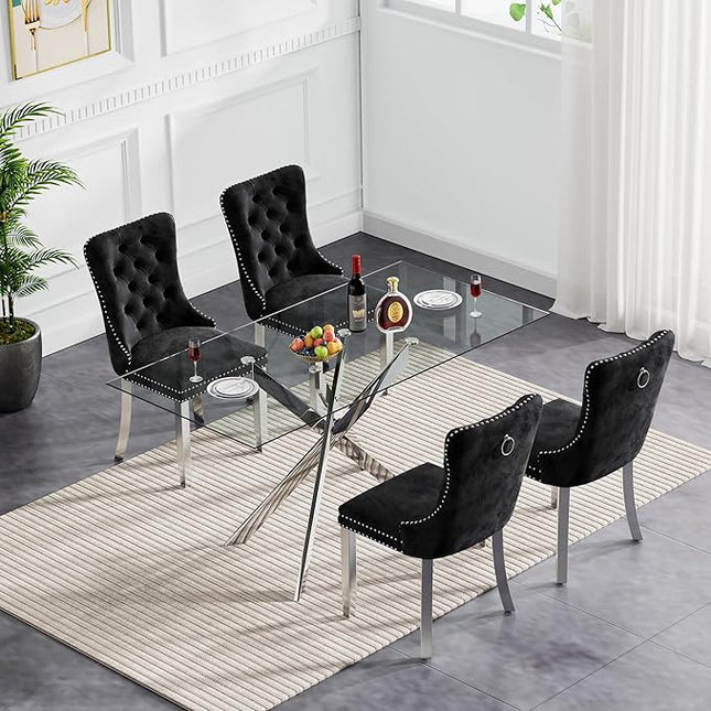 5 Piece Dining Table Set for 4, 51in Glass Dining Table Set with 4 Upholstered Dining Chairs, Black Tufted Chair & Dining Room Table Set w/Silver Metal Legs, Glass Kitchen Table and Chair Set for 4