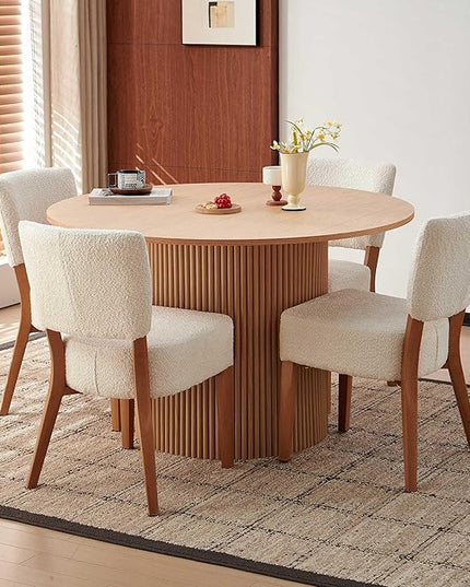 Howtek 5-Piece Modern Dining Room Set, 47" Round Dining Table and 4 Space-Saving Upholstered Stackable Dining Chairs, Kitchen Table and Chairs Set for Home, Kitchen, Living Room (Oak/White)
