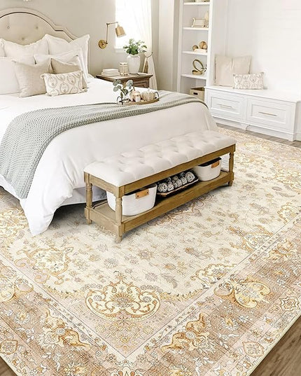 8'x10' Area Rugs Washable,Boho Rug for Living Room Bedroom Dining Room,Large Vintage Bohemian Distressed Oriental Carpet Non Slip,Beige Gold Floral