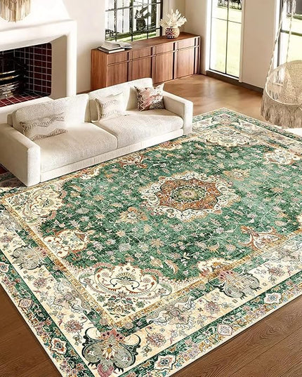 9'x12' Area Rugs Washable,Large Green Rug for Living Room Bedroom Dining Room,Boho Vintage Bohemian Distressed Oriental Carpet Non Slip,Retro Sage Floral